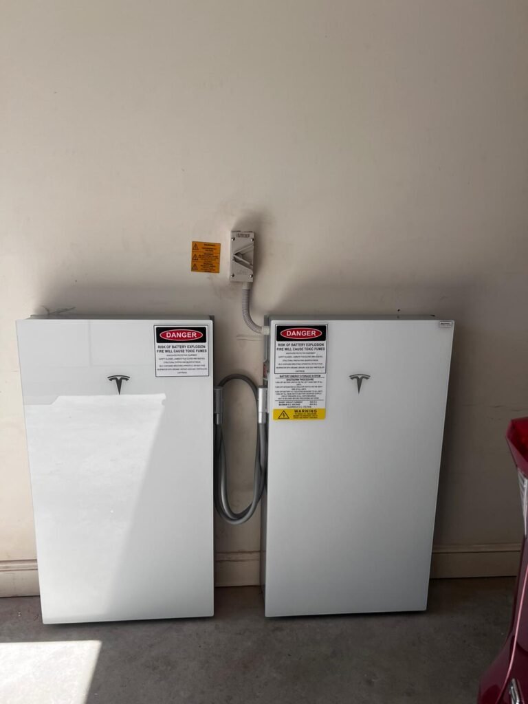 Twin battery cabinets, garage install by Peace Electrical and Solar, battery installation in South Australia